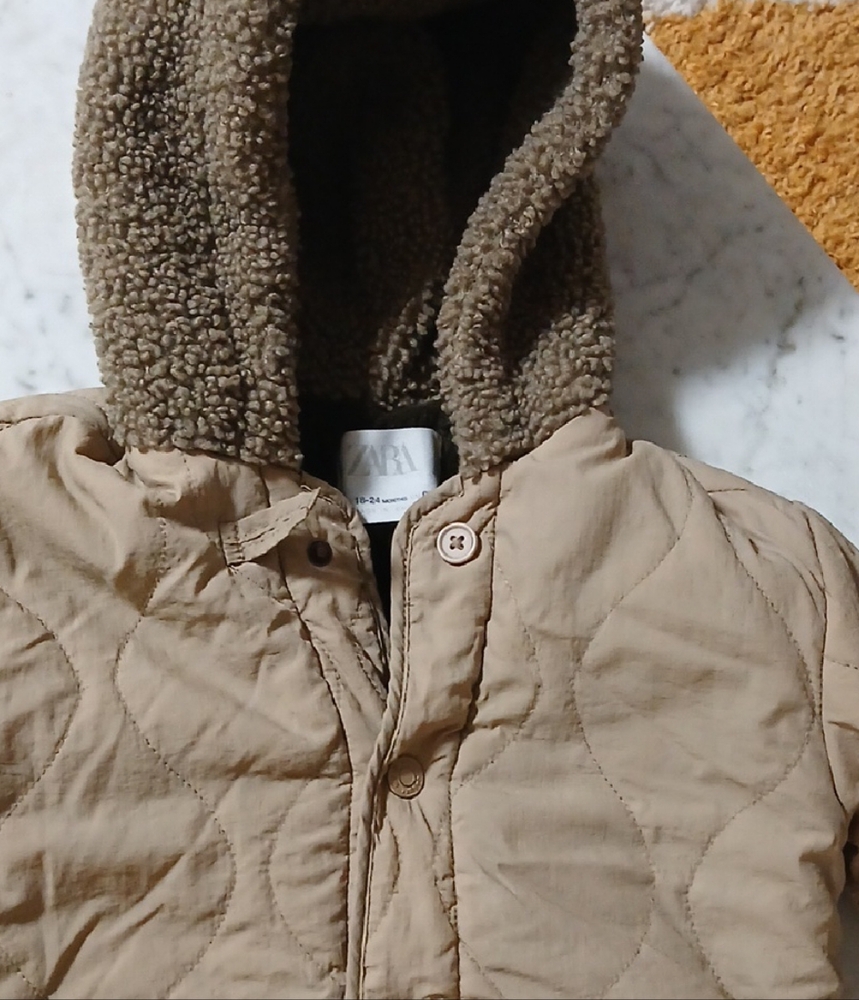 Zara Beige Quilted Jacket with Fleece Hood